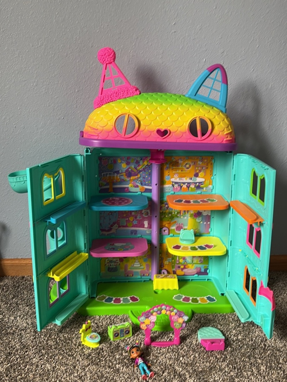 Teal & Rainbow Kids Doll Playhouse - Colorful Multi-Level Playset